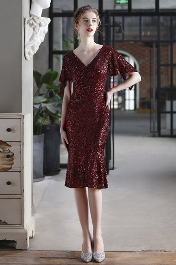 Bordowa Sukienka Koktajlowa z Cekinami